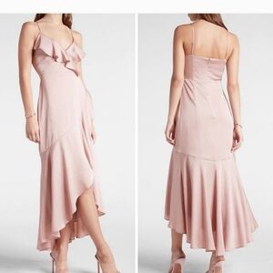 Express satin ruffle wrap high low dress
